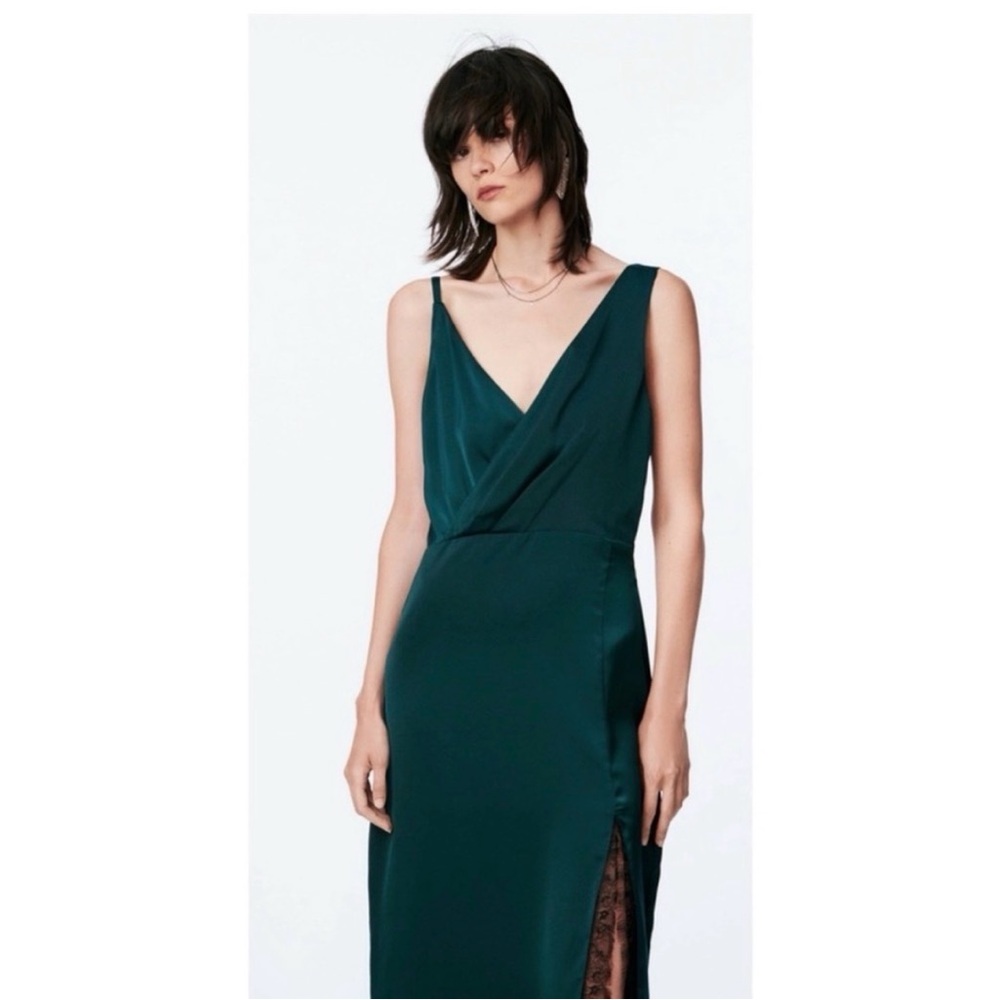 Zara One-Shoulder Emerald Satin Evening Dress XS